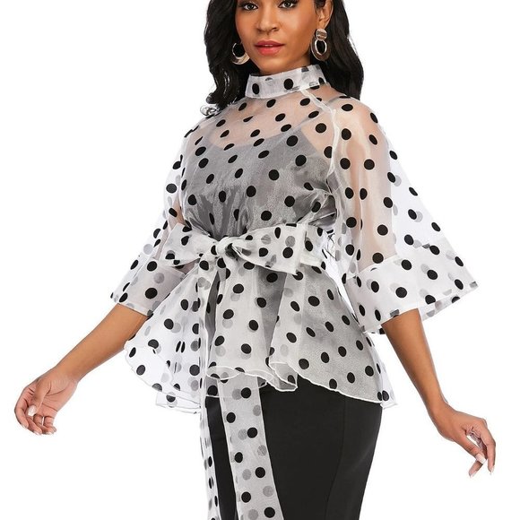 White Boho Womens Polka Dot Belted Organza Top - Picture 5 of 5